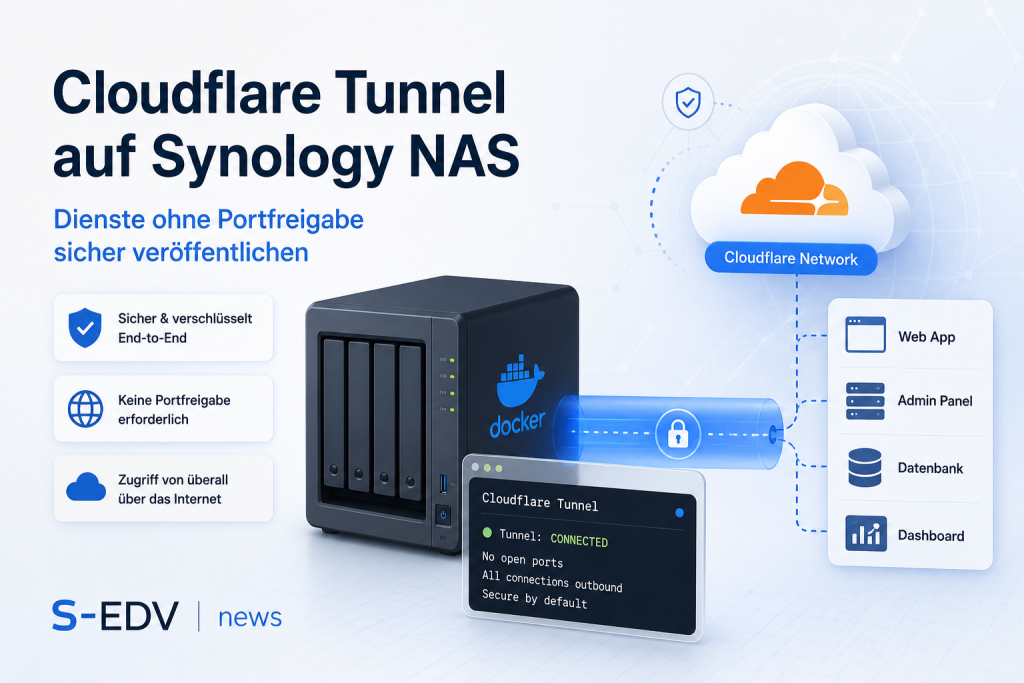 Cloudflare Tunnel auf Synology NAS mit Docker sicher einrichten, um interne Dienste ohne Portfreigabe verschlüsselt über das Internet zu veröffentlichen.