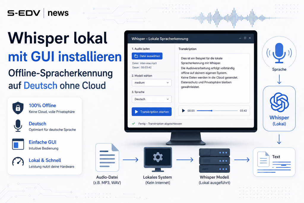Moderne IT Anleitung zur lokalen Installation von Whisper mit grafischer Benutzeroberfläche. Die Grafik zeigt Offline Spracherkennung auf Deutsch ohne Cloud, Audio Transkription auf dem eigenen System, Datenschutz durch lokale Verarbeitung sowie den Workf