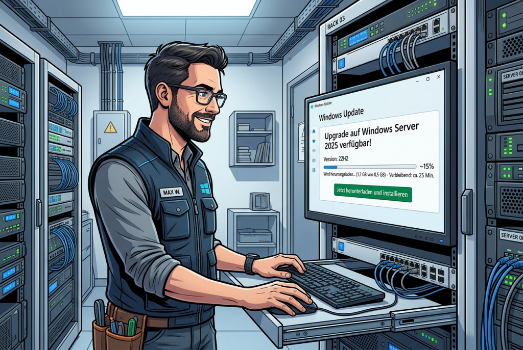 Comic-artiges Hero-Bild mit Systemadministrator und Upgrade-Fenster für Windows Server 2025 über Windows Update.