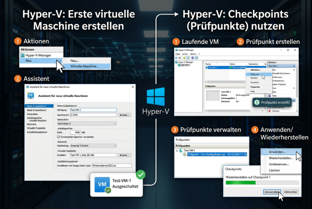 Infografik zu Hyper-V mit erster virtueller Maschine, virtuellem Switch, ISO-Installation, zugewiesenem Arbeitsspeicher und der Nutzung von Checkpoints für Test- und Wiederherstellungspunkte.