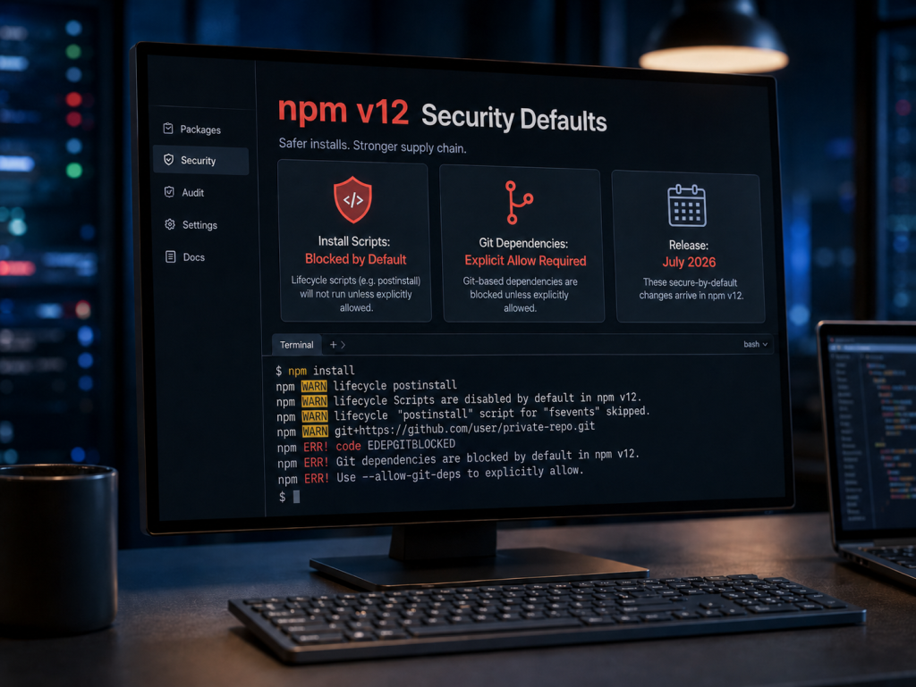 GitHub npm v12 blockiert ab Juli 2026 standardmäßig Install Skripte und Git Abhängigkeiten zum Schutz vor Supply Chain Angriffen in JavaScript Projekten