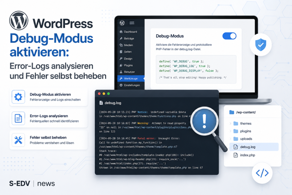 Grafik zur WordPress Debug-Modus Anleitung mit Error-Logs, PHP-Fehleranalyse und Admin-Dashboard zur schnellen Fehlerbehebung.
