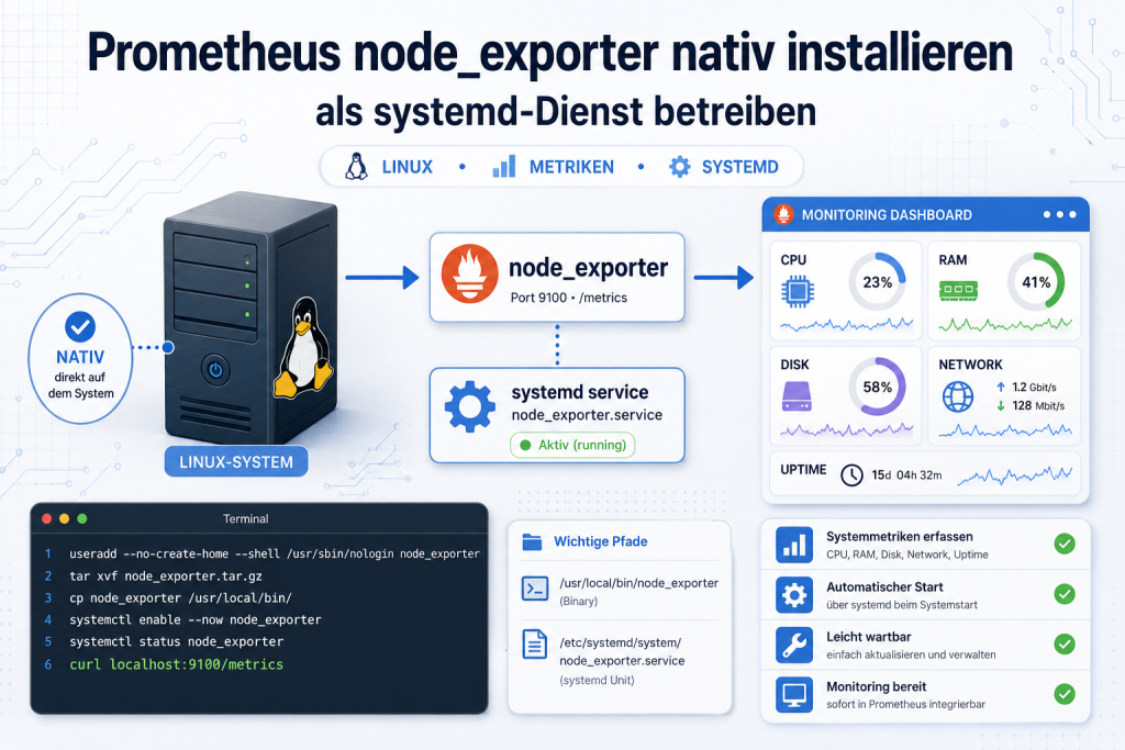 Moderne IT-Grafik zur Anleitung für die native Installation von Prometheus node_exporter als systemd-Dienst mit Linux-Server, Metriken, Terminal und Monitoring-Dashboard.