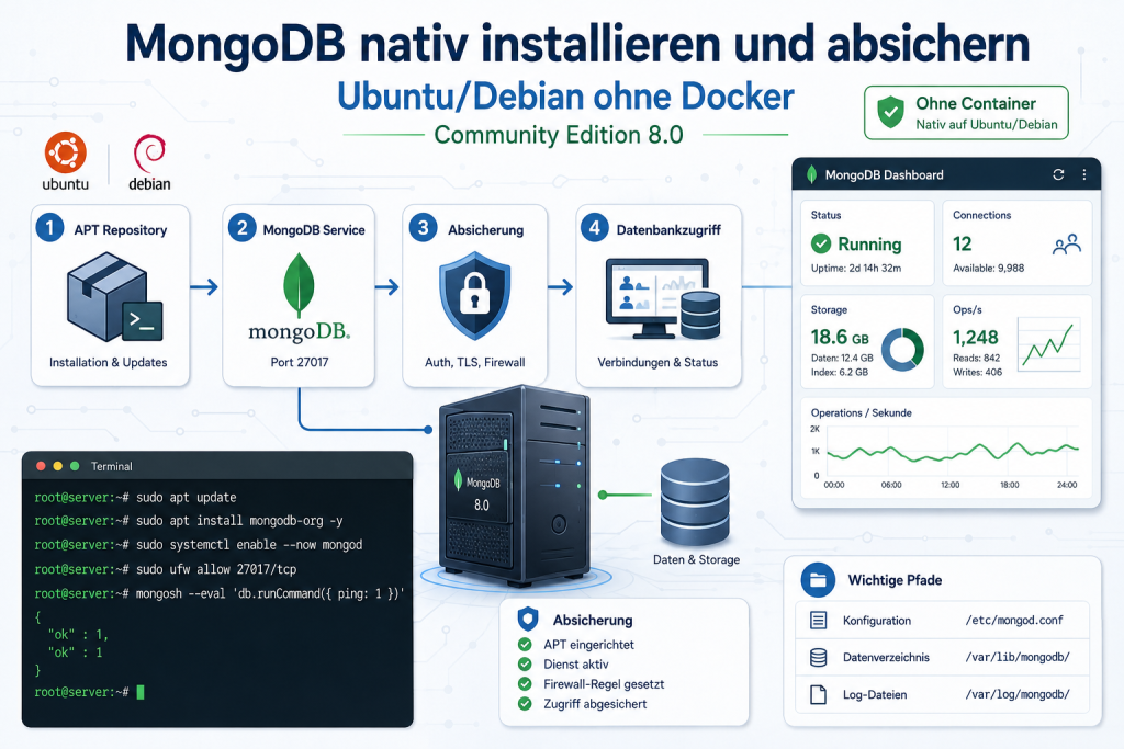 Moderne IT-Grafik zur Anleitung für die native Installation und Absicherung von MongoDB Community Edition 8.0 auf Ubuntu und Debian ohne Docker, mit APT-Repository, Firewall, Terminal, Datenbankservice und Dashboard.
