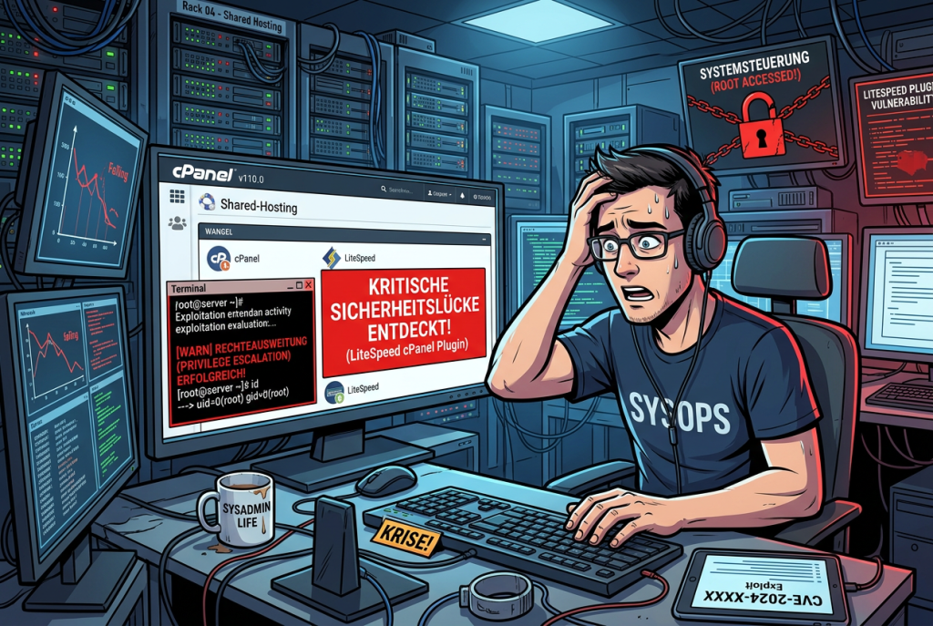 Comic-artiges Hero-Bild mit Hosting-Admin, cPanel-Oberfläche und Warnsymbolen zu einer kritischen LiteSpeed-cPanel-Sicherheitslücke.