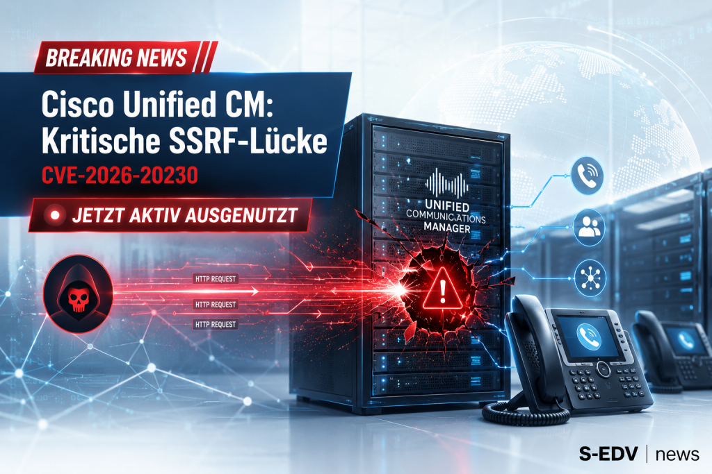Cisco Unified CM Sicherheitslücke CVE 2026 20230 mit aktiv ausgenutzter SSRF Schwachstelle, VoIP Server und IP Telefone unter Cyberangriff in moderner IT News Darstellung.