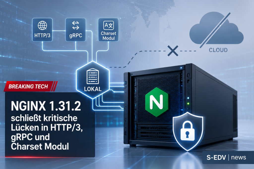 NGINX 1.31.2 Sicherheitsupdate mit geschlossenem Schutzschild vor Server, Darstellung kritischer Sicherheitslücken in HTTP/3, gRPC und Charset Modul in moderner Cybersecurity News Grafik mit Rechenzentrum und Netzwerkvisualisierung.