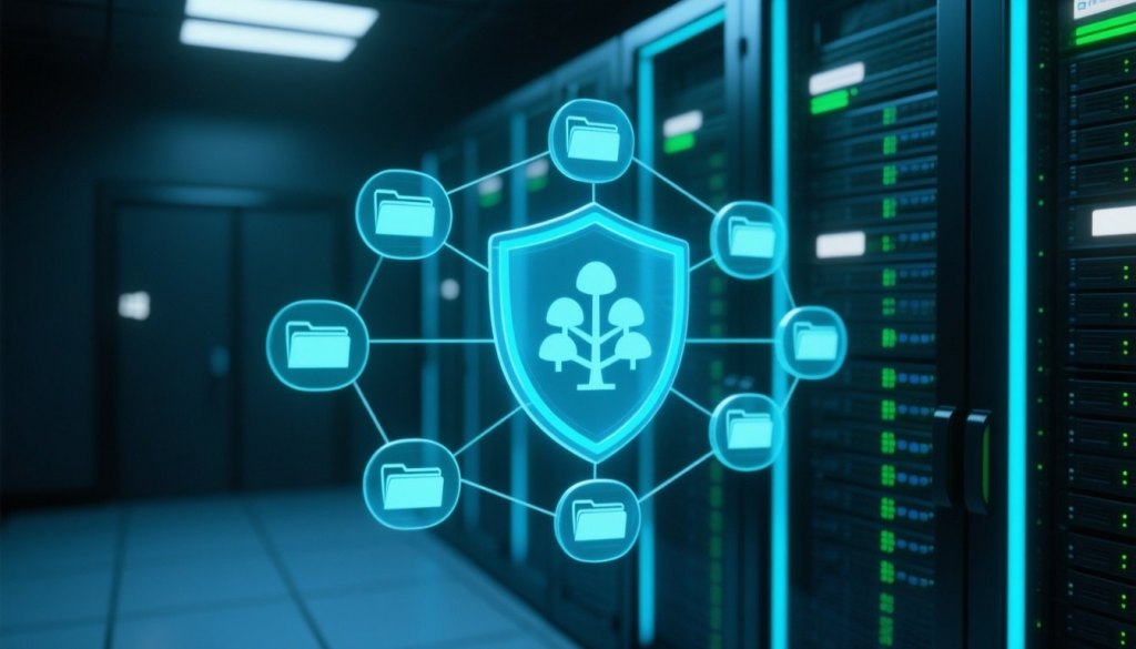 Serverraum mit Rack und holografischem Netzwerkdiagramm