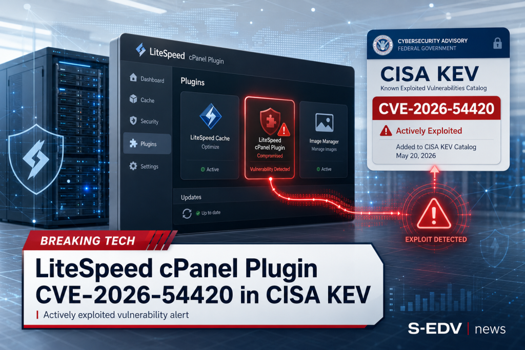 Professionelle IT News Grafik zur LiteSpeed cPanel Plugin Sicherheitslücke CVE-2026-54420 im CISA KEV Kontext. Zu sehen sind ein Hosting Server, ein Plugin Dashboard mit Warnmeldung, ein CISA KEV Advisory Panel und ein Exploit Signal in moderner Cybersecu