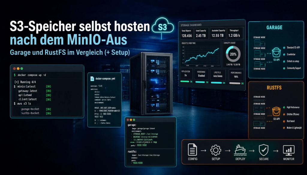 Modernes Hero-Bild für einen Tech-Artikel über selbst gehosteten S3-Speicher nach dem MinIO-Aus, mit Homelab-Servern, S3-Buckets, Dashboard, Architekturvergleich von Garage und RustFS sowie angedeutetem Setup per Terminal- und Konfigurations-Elementen.