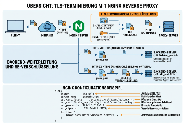 Infografik, die Nginx als Reverse Proxy mit TLS zeigt, mit HTTPS-Zugriff auf Port 443, Zertifikat, privatem Schlüssel, Weiterleitung an Backend-Server und gesetzten Proxy-Headern.