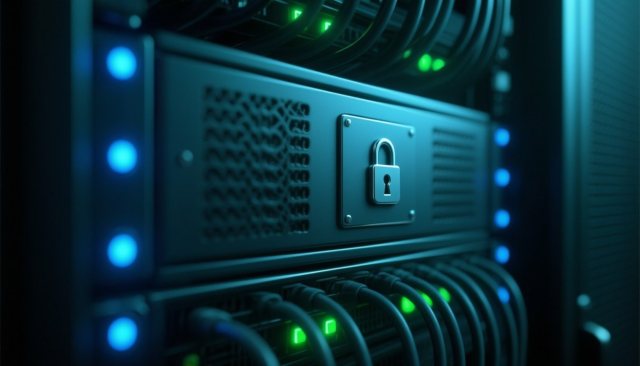Gehärteter Server-Rack mit gesicherten Verbindungen in blau-grünem Rechenzentrum-Licht