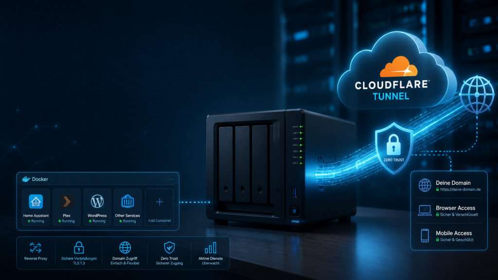 Illustration einer Synology-NAS mit Docker-Containern und sicherem Cloudflare-Tunnel, dargestellt mit geschützten Datenpfaden, Cloud-Symbol, Netzwerkverbindungen und moderner Homelab-Umgebung.