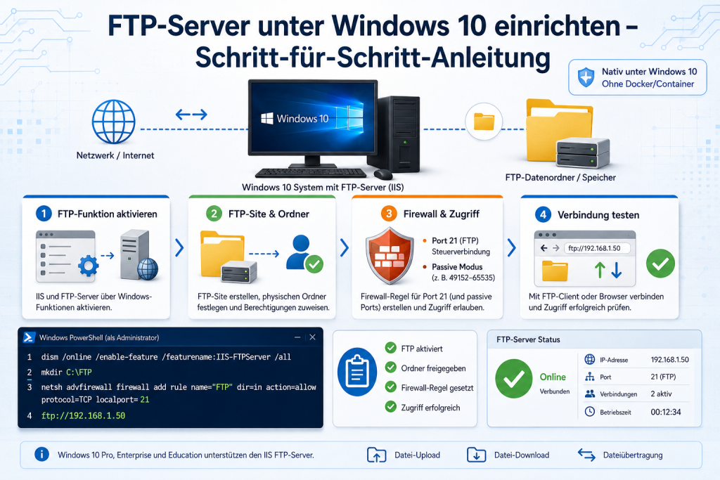 Moderne IT-Grafik zur Schritt-für-Schritt-Anleitung für das Einrichten eines FTP-Servers unter Windows 10 mit IIS, Firewall-Regeln, FTP-Ordner, Netzwerkverbindung, PowerShell und Serverstatus.