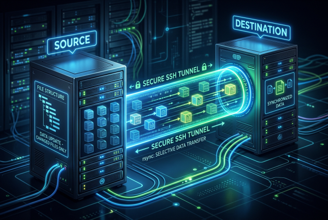 Infografik zu rsync über SSH für Datensynchronisation und Migration, mit Quell- und Zielserver, sicherem SSH-Transfer, inkrementeller Übertragung, SSH-Schlüssel und synchronisierten Verzeichnissen.