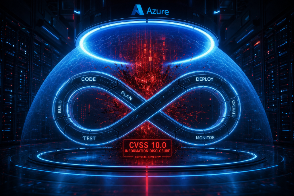 Ein leuchtendes DevOps-Unendlichkeitssymbol in einer Serverumgebung, bei dem ein rotes Datenleck durch einen starken blauen Schutzschild blockiert wird, was die serverseitige Behebung der Azure DevOps Schwachstelle symbolisiert.