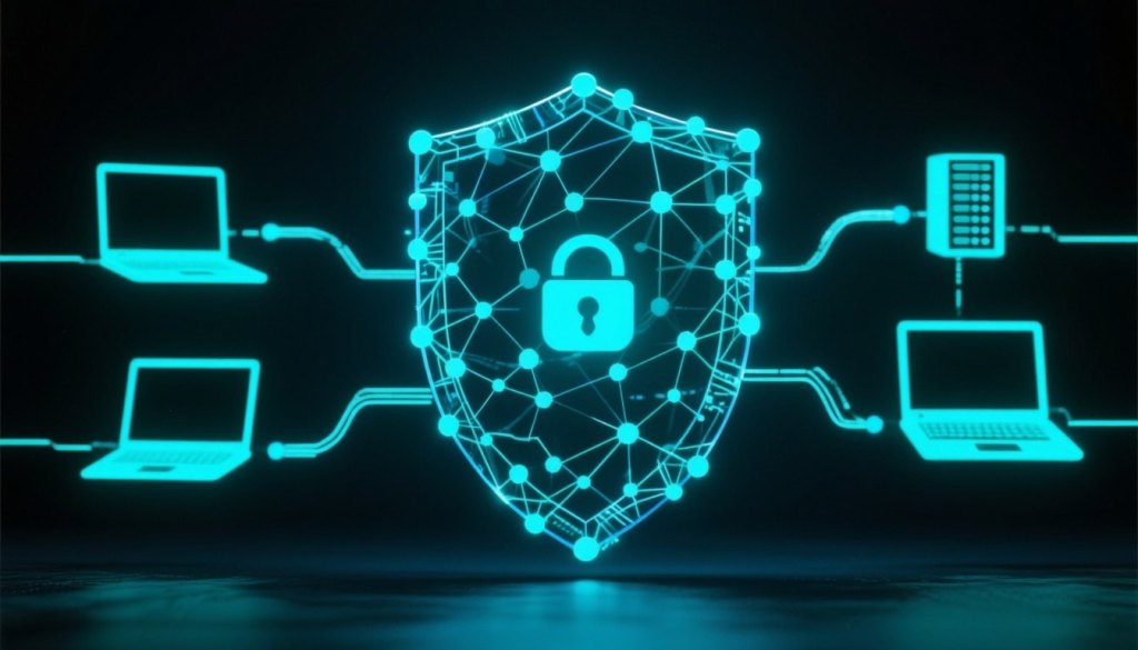 Digitales Sicherheitsschild mit vernetzten Endgeräten und Datenströmen