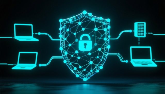Digitales Sicherheitsschild mit vernetzten Endgeräten und Datenströmen