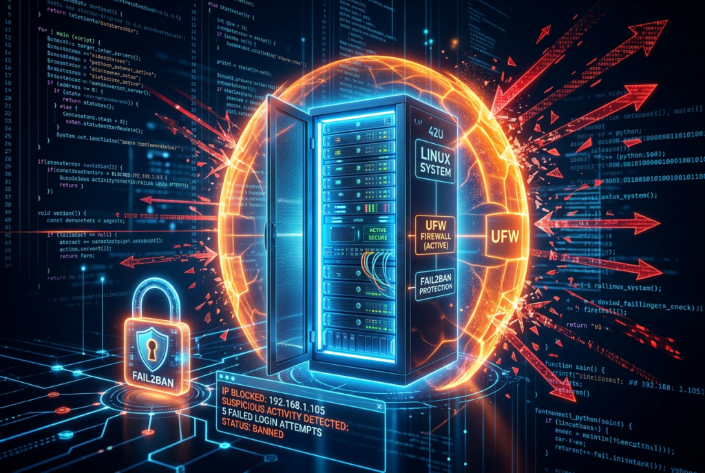 Infografik zur Absicherung eines Linux-Servers mit UFW-Firewall und Fail2ban, mit Firewall-Regeln, SSH-Schutz, gesperrten Angreifer-IP-Adressen und Protokollüberwachung.