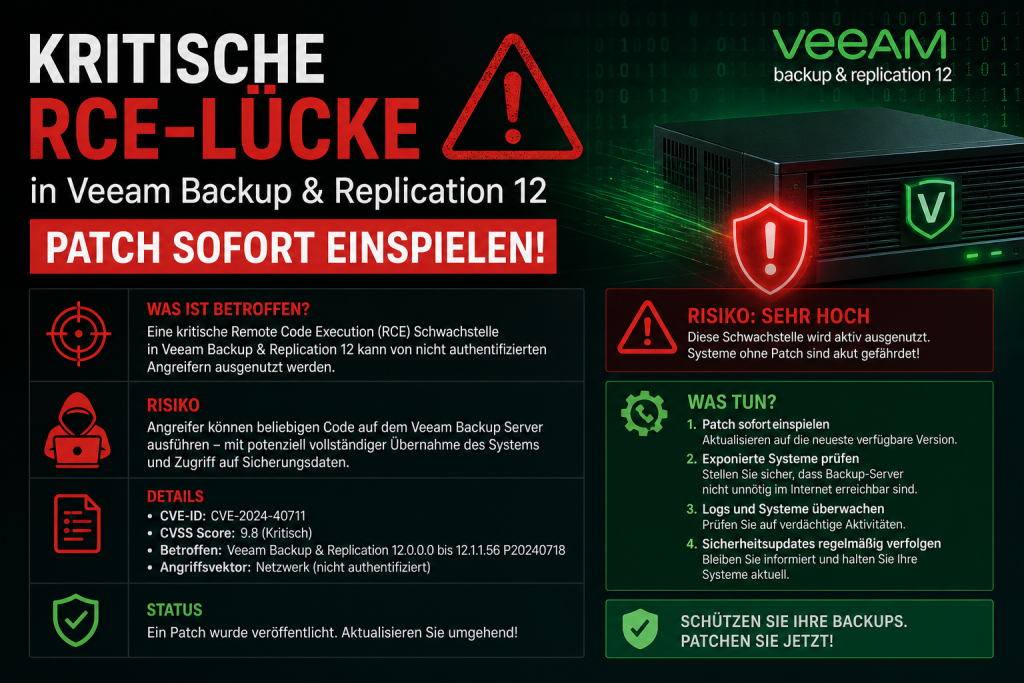 Warnhinweis zu einer kritischen Remote-Code-Execution-Schwachstelle in Veeam Backup & Replication 12, die betroffene Systeme gefährdet und ein sofortiges Einspielen des Sicherheitsupdates erforderlich macht.
