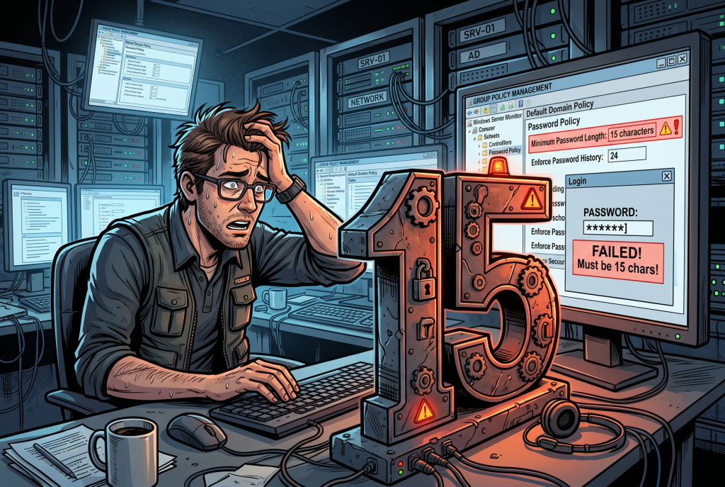 Comic-artiges Hero-Bild mit Windows-Admin, Servermonitoren und einer großen Zahl 15 als Symbol für das Passwortlimit.
