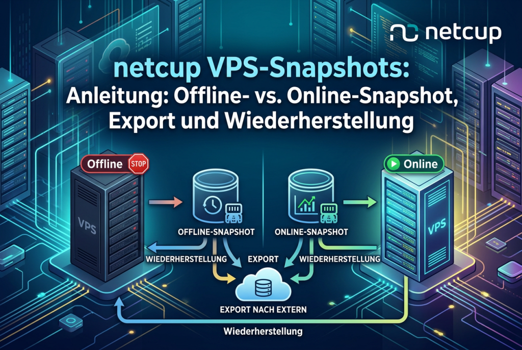 netcup VPS-Snapshots im SCP mit Vergleich von Offline- und Online-Snapshot, Exportfunktion und Wiederherstellung zur sicheren Absicherung eines Servers