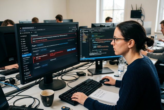 Realistisches Hero-Bild mit WordPress-Admin- oder Entwickler-Arbeitsplatz für einen Artikel über eine kritische Sicherheitslücke mit möglicher Admin-Übernahme.