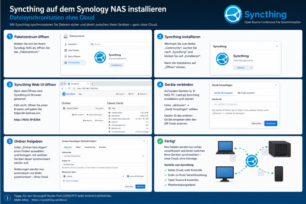 Screenshot oder Titelgrafik zur Installation von Syncthing auf einem Synology NAS, um Dateien sicher direkt zwischen Geräten zu synchronisieren – ohne zentrale Cloud, per Peer-to-Peer-Technologie.