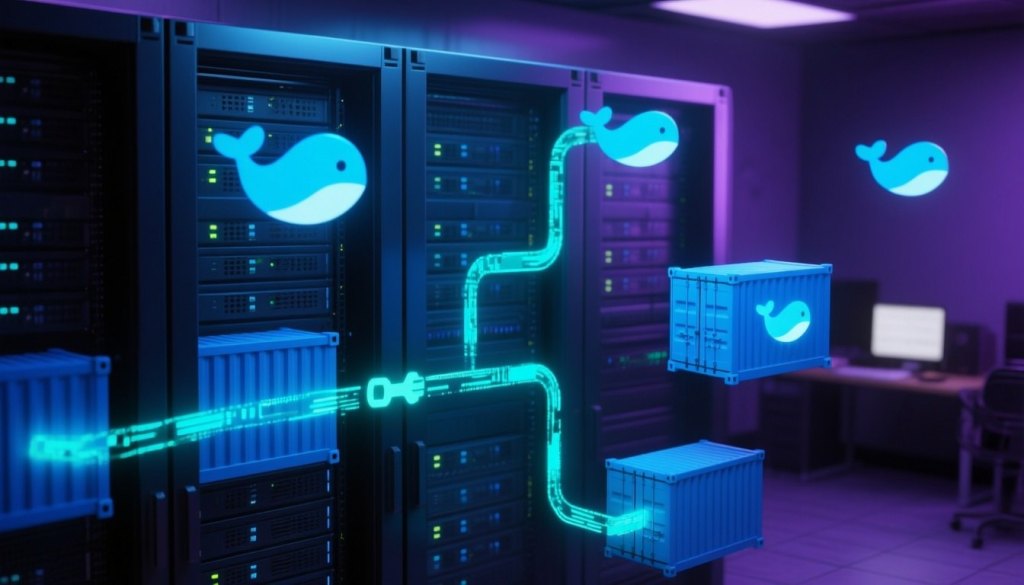 Server-Rack mit leuchtenden Docker-Containern und digitalen Update-Datenströmen