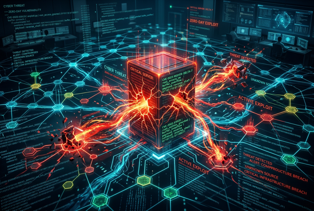 Cybersecurity-Illustration zu Cisco SD-WAN Manager mit aktiv ausgenutzter Zero-Day-Lücke CVE‑2026‑20245 und Hinweis auf fehlenden Patch.