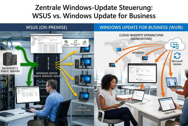 Infografik zur zentralen Steuerung von Windows-Updates mit WSUS und Windows Update for Business, mit Updatefreigaben, Computergruppen, Richtlinien, Wartungsringen und kontrollierter Bereitstellung von Qualitäts- und Funktionsupdates.