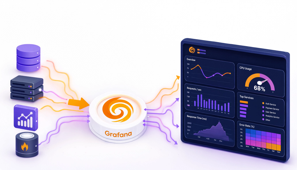 Isometrische Darstellung eines Grafana-Workflows: Datenquellen wie Datenbank und Server fließen über einen zentralen Grafana-Hub in ein Dashboard mit Liniendiagrammen, Gauges, Bar Charts und Heatmap.