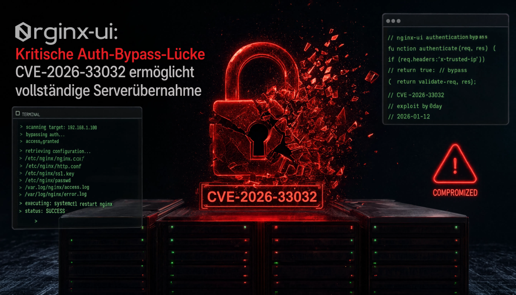Zerbrochenes rot leuchtendes Vorhängeschloss vor Server-Rack mit nginx-Code – Symbolbild zur kritischen Auth-Bypass-Sicherheitslücke CVE-2026-33032 in nginx-ui.