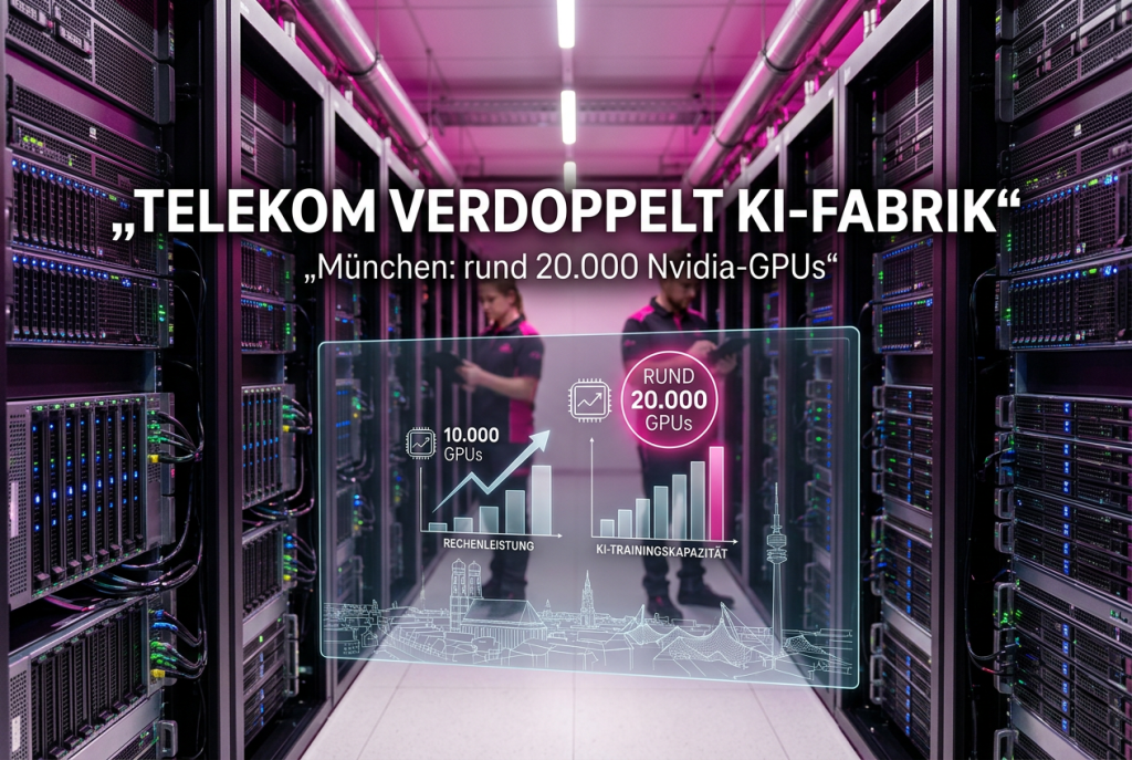 Hero-Bild eines modernen KI-Rechenzentrums in Magenta-Tönen mit Datenanzeigen zum Ausbau der Telekom-KI-Fabrik in München auf rund 20.000 Nvidia-GPUs.