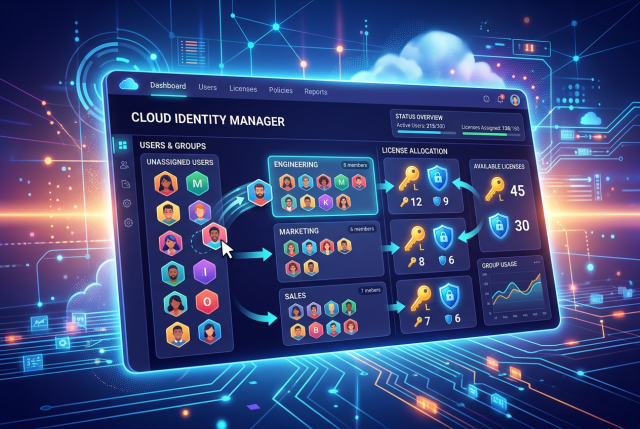 Infografik zur Verwaltung von Benutzern, Gruppen und Lizenzen in Microsoft Entra ID, mit Benutzerkonten, Sicherheitsgruppen, gruppenbasierter Lizenzzuweisung, Rollen und automatischer Lizenzvergabe über Gruppenmitgliedschaften.