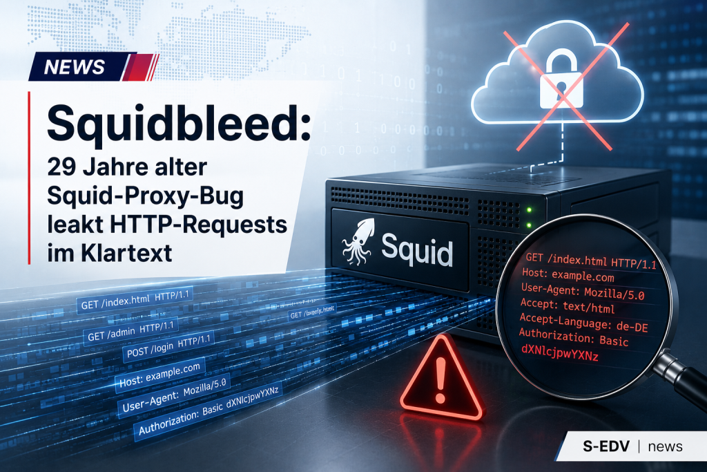 Squidbleed Sicherheitslücke im Squid Proxy zeigt unverschlüsselte HTTP Requests und sensible Verbindungsdaten im Klartext. IT News Grafik zu einem 29 Jahre alten Proxy Bug mit Risiko für Datenschutz und Netzwerksicherheit.