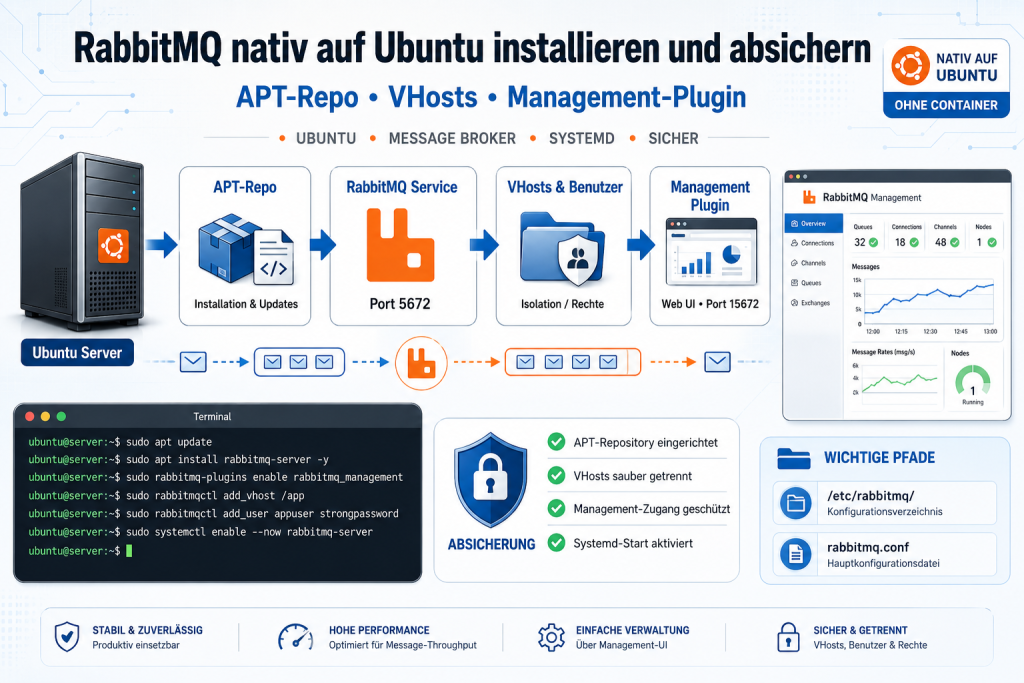 Moderne IT-Grafik zur Anleitung für die native Installation und Absicherung von RabbitMQ auf Ubuntu mit APT-Repository, VHosts, Management-Plugin, Terminal und Serverübersicht.
