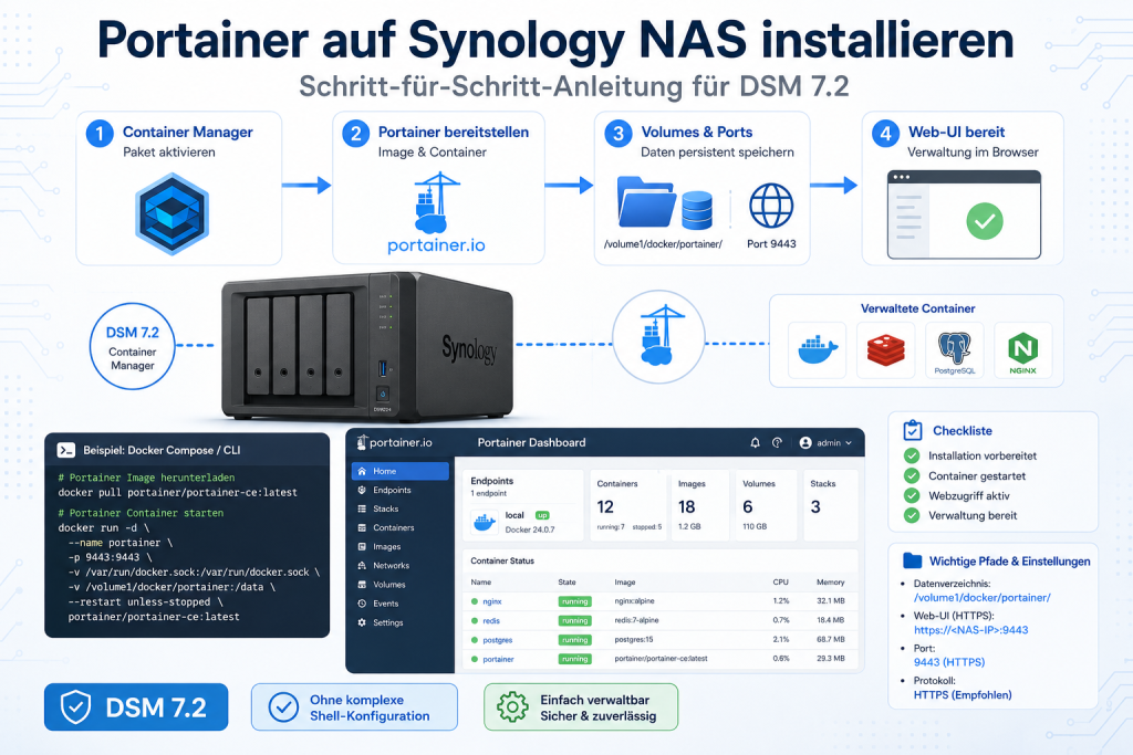 Moderne IT-Grafik zur Schritt-für-Schritt-Anleitung für die Installation von Portainer auf einem Synology NAS mit DSM 7.2, inklusive Container Manager, Portainer-Setup, Web-UI, Docker-Volumes und Dashboard.