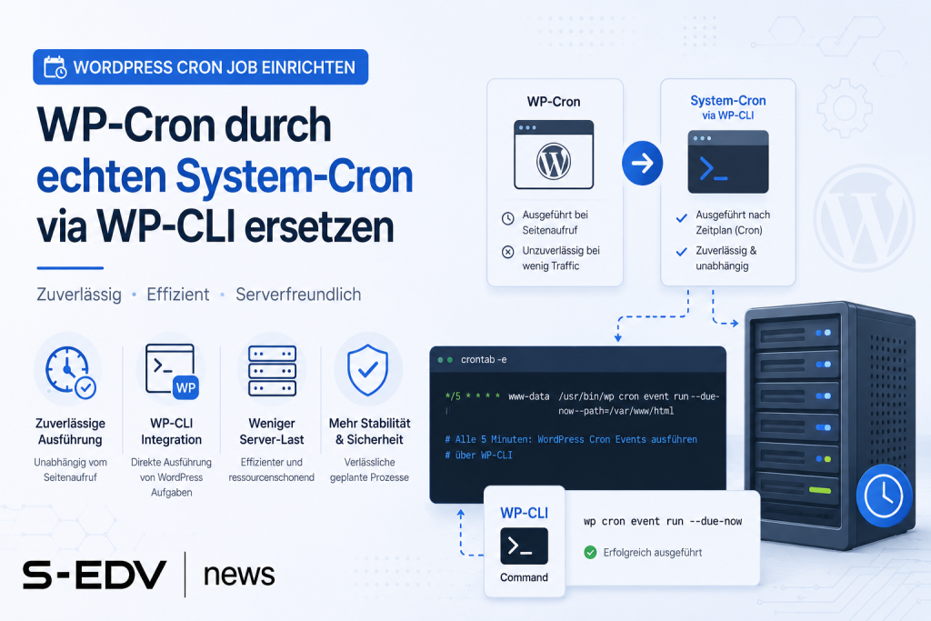 WordPress Cron Job durch echten System Cron ersetzen: Technische Grafik mit Linux Server, WP CLI Konsole, Cronjob Zeitplanung und automatisierter Ausführung von WordPress Aufgaben für mehr Zuverlässigkeit, Performance und Serverstabilität.