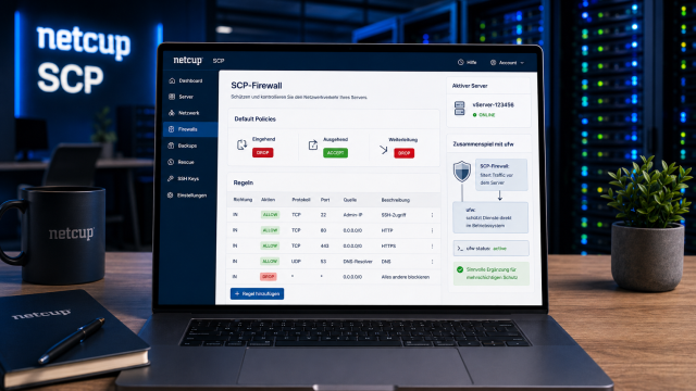 netcup SCP Firewall Dashboard mit Default Policies, Firewall-Regeln und ufw Status zur mehrschichtigen Absicherung eines vServers