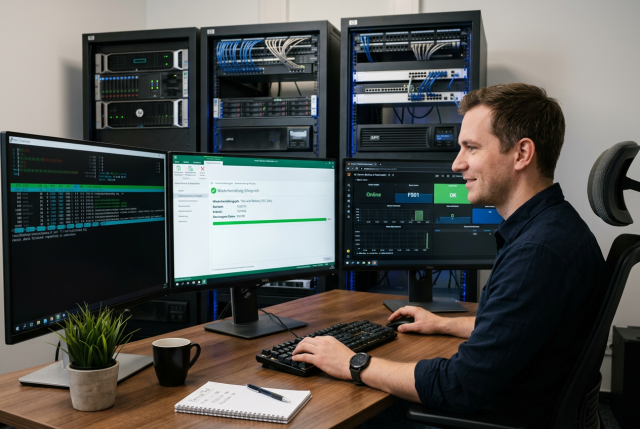 Realistisches Hero-Bild mit IT-Administrator und Monitoren zur Überprüfung eines Backup- und Restore-Tests in professioneller Arbeitsumgebung.