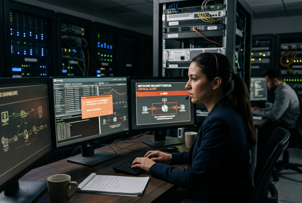 Realistisches Security-Hero-Bild mit Serverraum oder SOC-Arbeitsplatz für einen Artikel über eine aktiv ausgenutzte GlobalProtect-VPN-Sicherheitslücke.