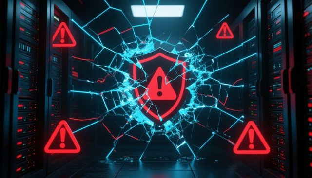Gebrochenes Netzwerk-Sicherheitsschild als Symbol für den Cisco SD-WAN Zero-Day CVE-2026-20245
