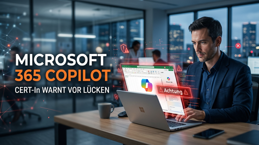 Ein rotes holographisches Warnschild über einer Computertastatur, das eine Sicherheitswarnung für den Microsoft 365 Copilot symbolisiert