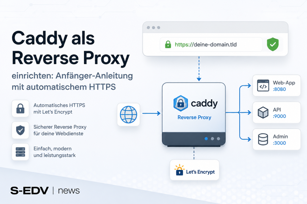 Caddy als Reverse Proxy mit automatischem HTTPS: Darstellung eines sicheren Webserver Setups mit SSL Verschlüsselung, Reverse Proxy, Netzwerkverbindungen und Weiterleitung von Webanwendungen über eine zentrale Caddy Instanz.