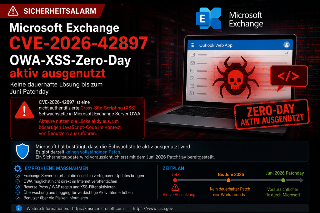 Illustration einer kritischen Microsoft-Exchange-Sicherheitslücke mit OWA-Oberfläche, XSS-Warnsymbolen, roter Alarmmarkierung und Hinweis auf aktive Ausnutzung ohne dauerhaften Patch bis zum Juni-Patchday.