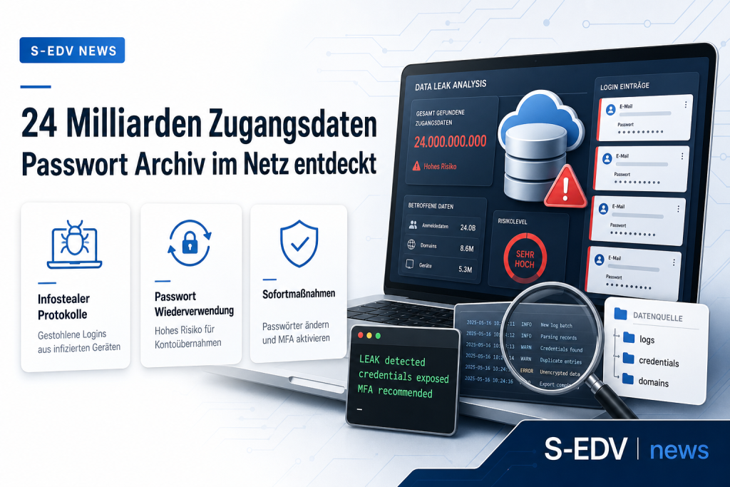 S-EDV News Grafik zu Infostealer Logs und 24 Milliarden Zugangsdaten