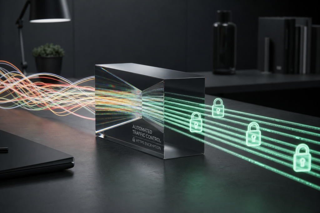Ein minimalistisches Glasprisma, das Datenströme sortiert und mit leuchtend mintgrünen Vorhängeschlössern versieht, als Symbol für die automatische HTTPS-Verschlüsselung des Caddy Reverse Proxys.