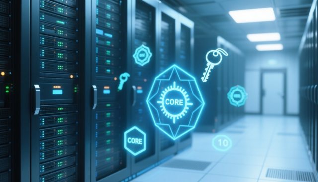 Server-Rack in einem modernen Rechenzentrum mit blauem Umgebungslicht