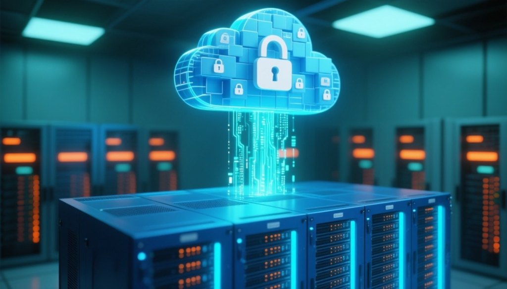Server-Rack mit Datenstrom in sichere Cloud-Speicher-Architektur